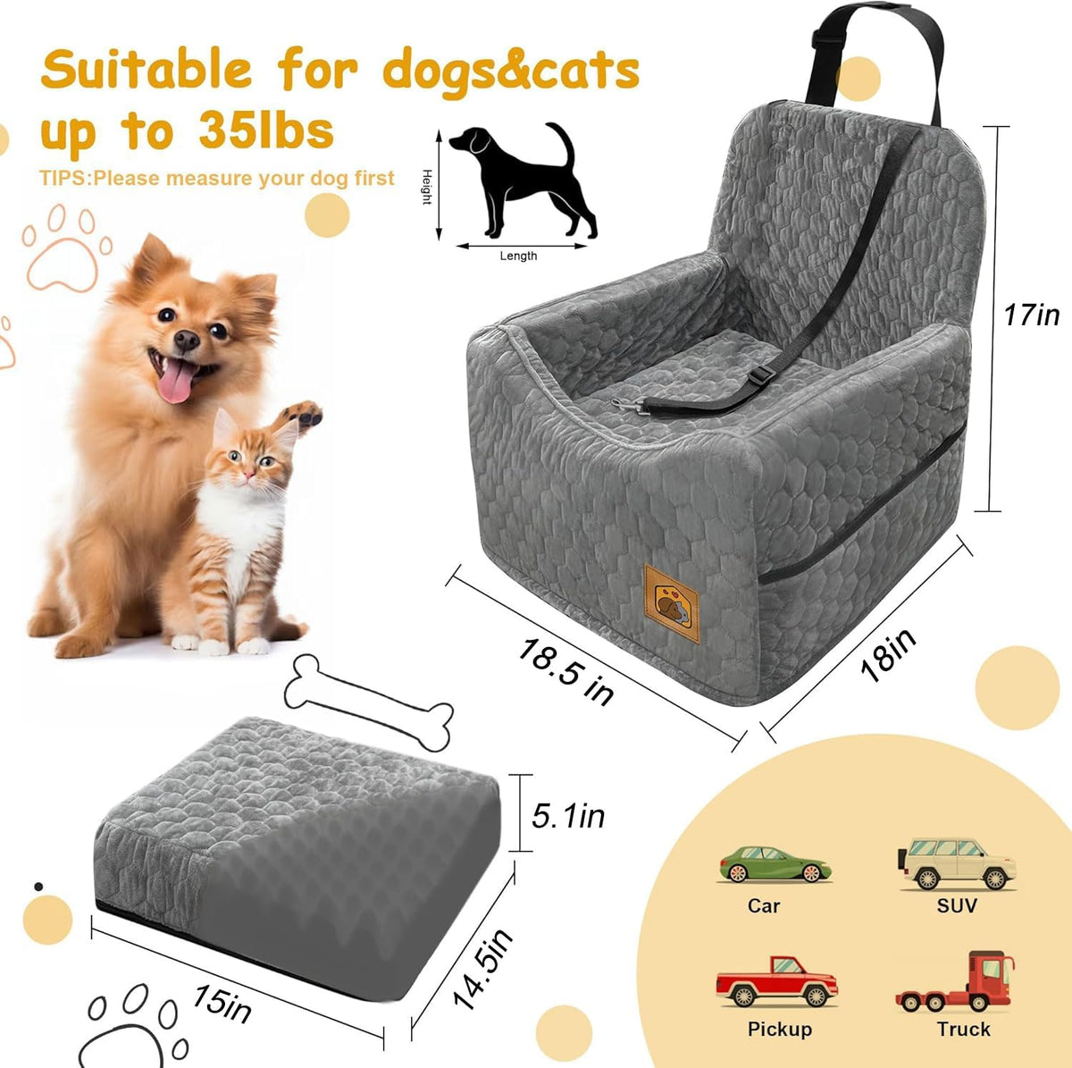 dog car seat for small/medium dogs, memory foam shown in use