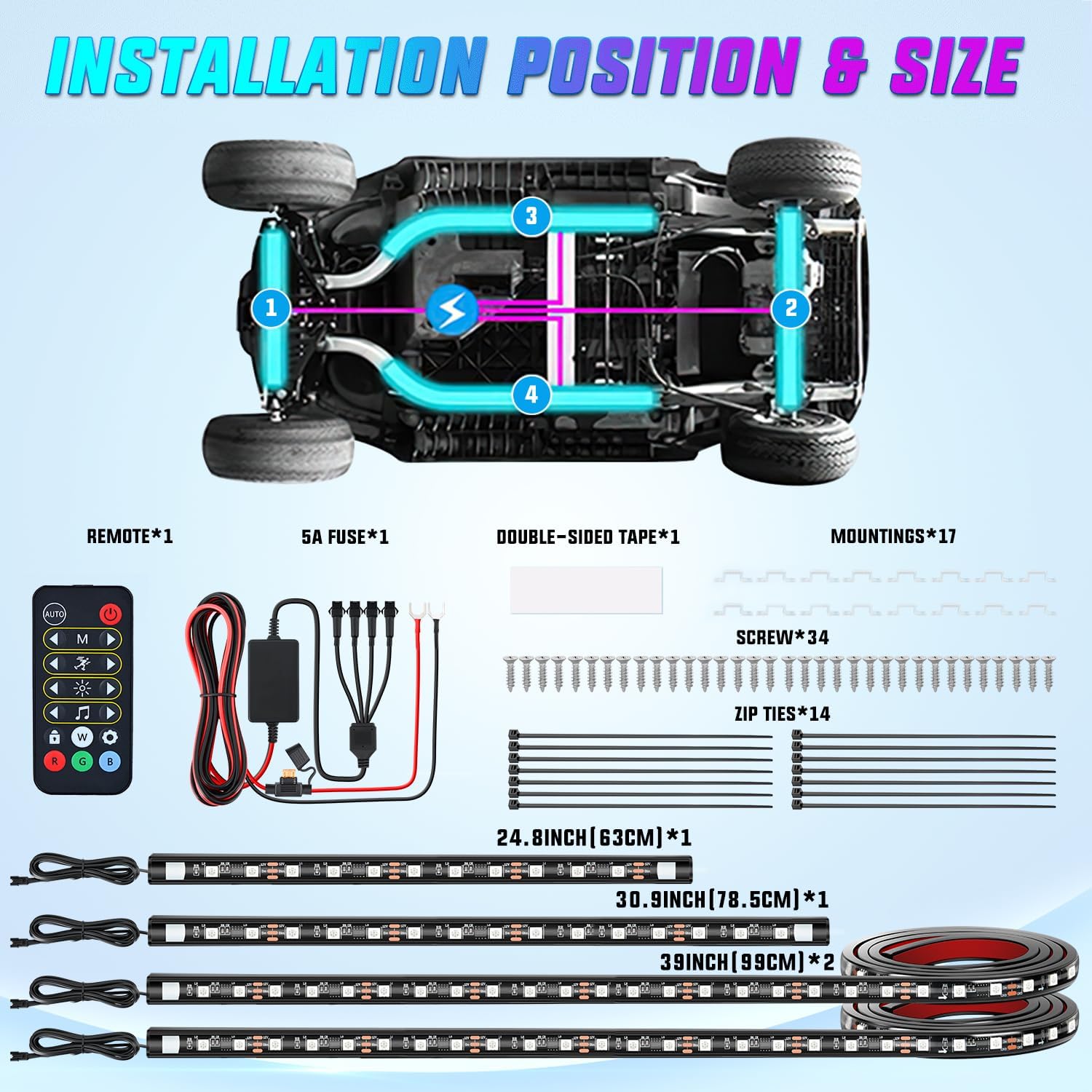 Nilight 4PCS Golf Cart Underglow LED Light Strip Dream Color Multi-Mode Neon Accent Lighting Kit APP and Remote Control Sound Active Music Sync IP67 Waterproof 12V-66V Input for EZGO Yamaha Club Car