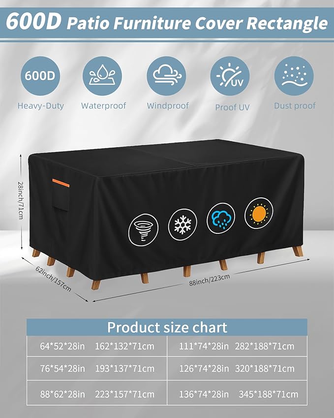Outdoor Waterproof Furniture Cover, 88W x 62L x 28H inches Heavy Duty 600D - Image 3