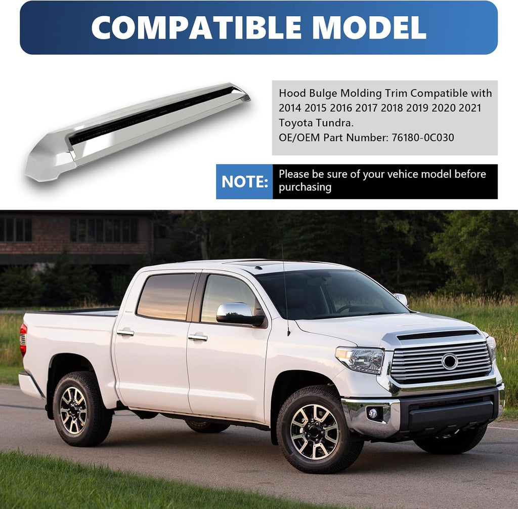 Front Upper Hood Bulge Molding Grille Trim Compatible with 2014-2021 Toyota Tundra Hood Scoop Grill Trim Hood Molding Replacement for 76180-0C030 (Chrome)