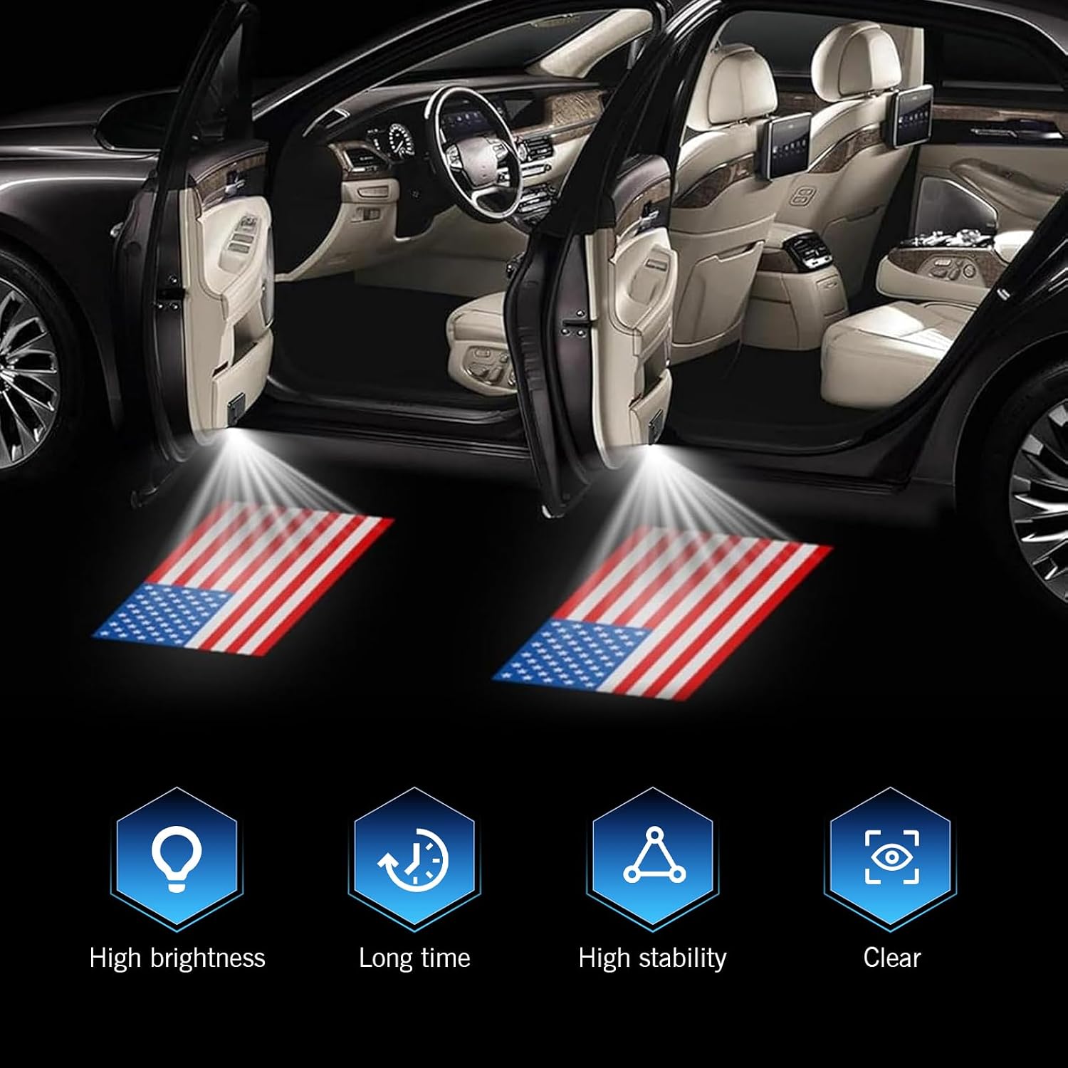 2 PCS American Flag Car Door Lights Pattern Projector, Sensitive Welcome Lights with Dual Infrared Sensing, Carbon Fiber Shell LED Projector Lamp, for Most Vehicles (Multicolored)