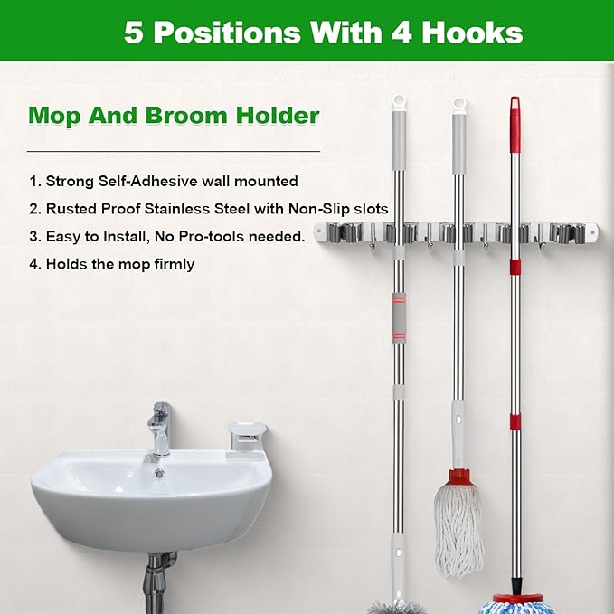 voze 5 Racks and 4 Hooks Mop and Broom Holder Wall Mount, Self Adhesive Heavy - Image 3