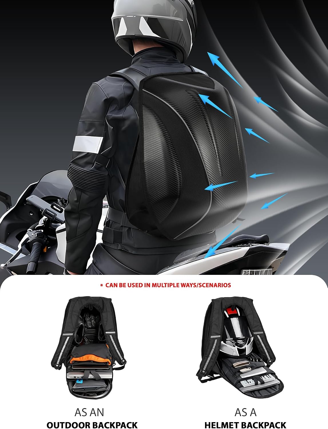JFG RACING Motorcycle Backpack,30L Hardshell Carbon Fiber Pattern Waterproof Helmet Backpack for Men Riding Bag for Travel Daily Storage Motorcycles Accessories