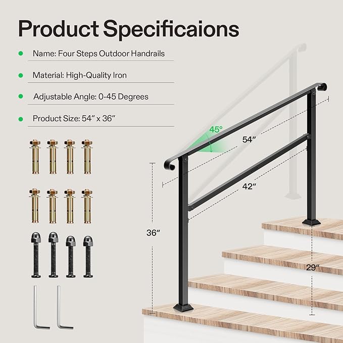 VIVOSUN Outdoor Handrail, Wrought Iron Stair Railing - Image 2