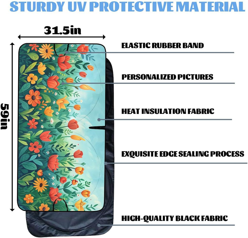 Flower Car Windshield Sun Shade Colorful Green Leaf Floral Plant Heatshield Front Window Car Sun Shade Windshield Blocks UV Rays Sun Visor Protector for Car Sedan Truck SUV Accessories
