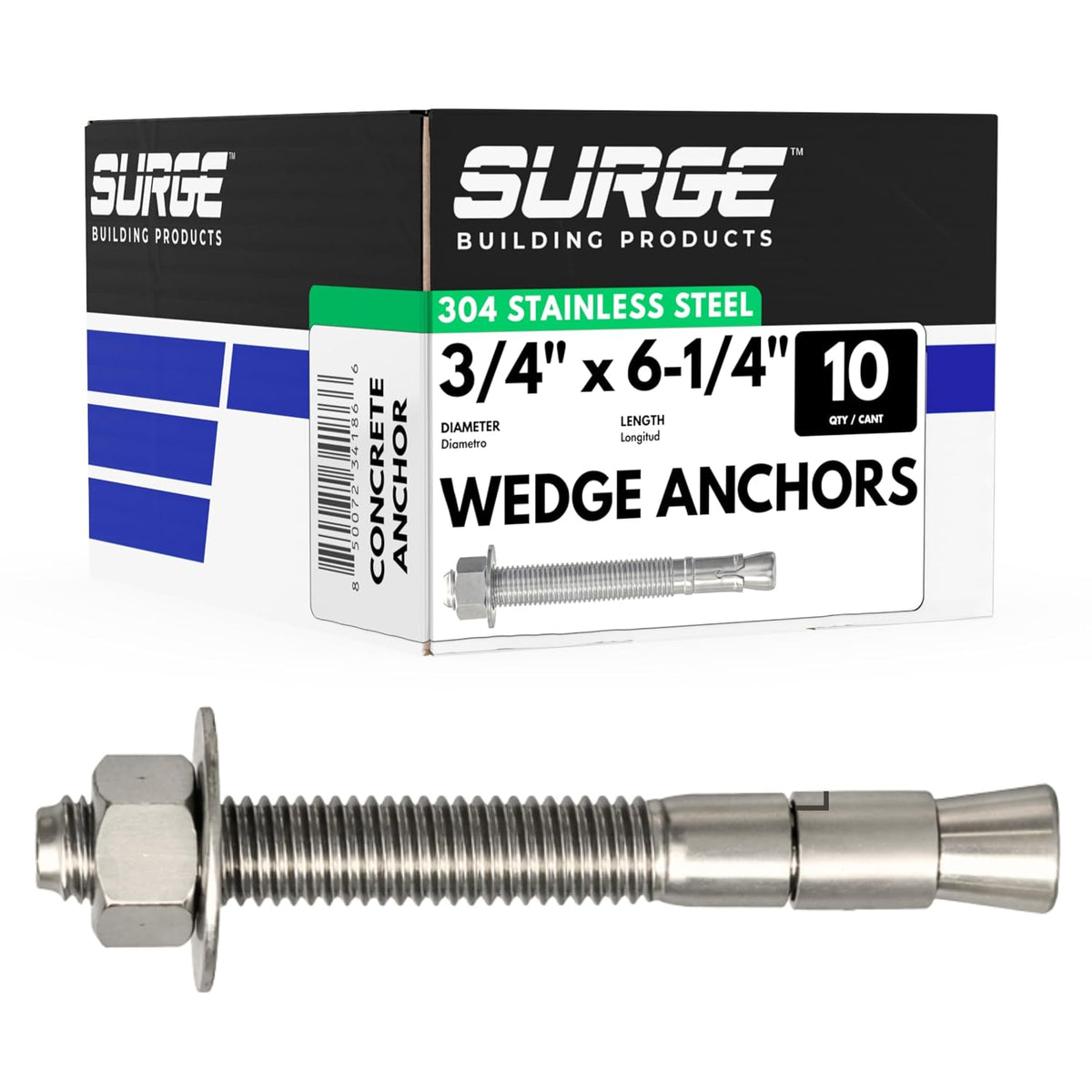 3/4" x 6-1/4" 304 stainless steel wedge anchors, main product view