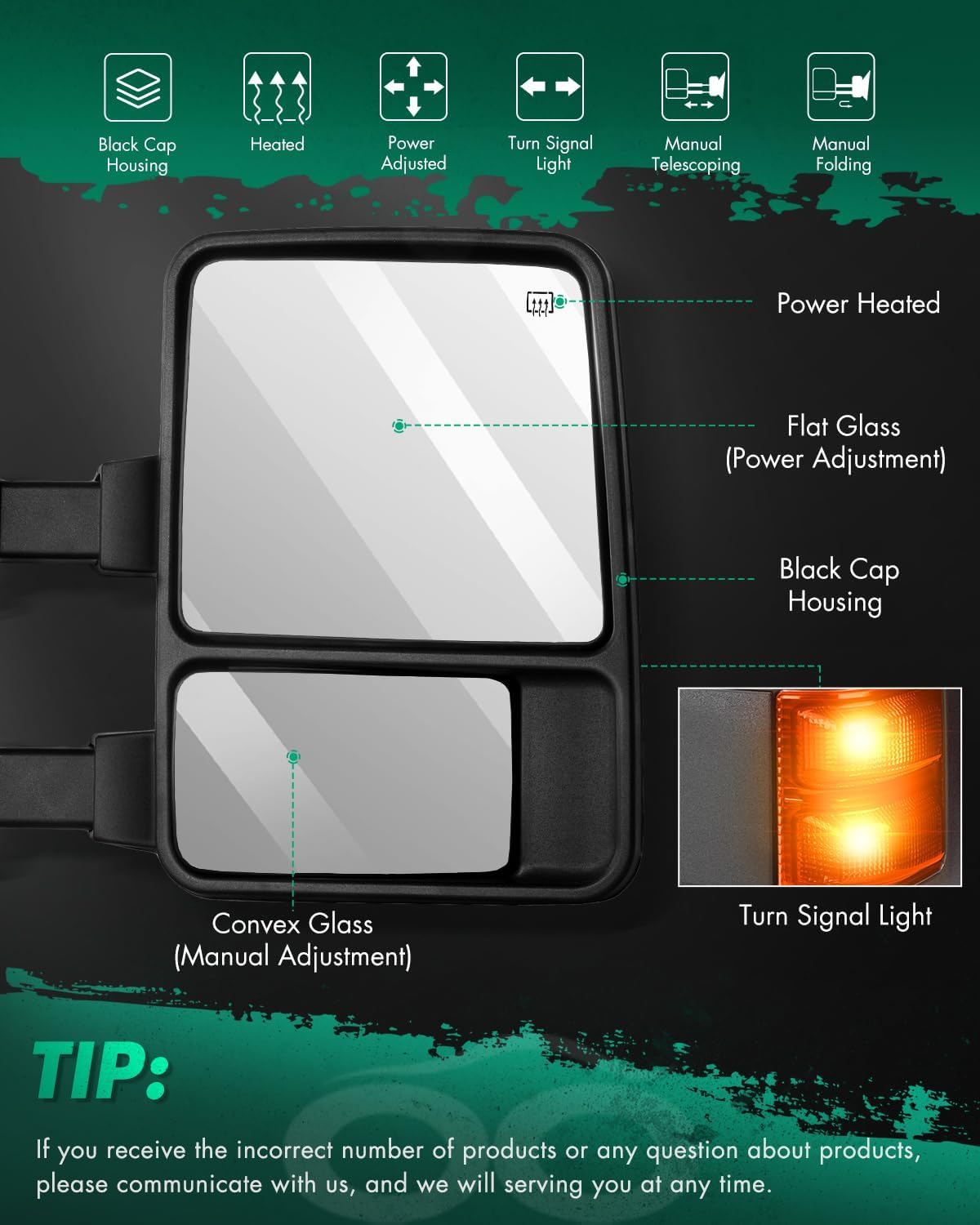 SCITOO Towing Mirrors Compatible With 1999-2007 For Ford For F250/For F350/For F450/For F550 Super Duty A Pair(Left Right Side Tow Mirrors) With Power Adjusted Heated Turn Signal Light Black Housing