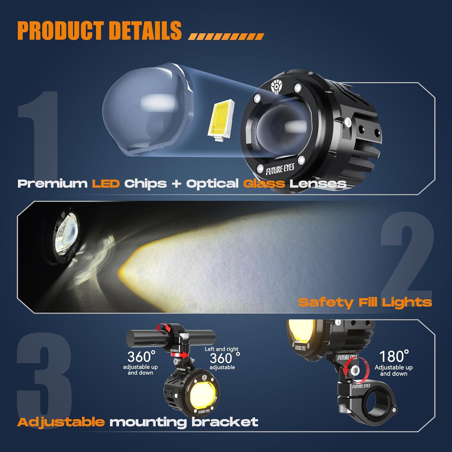 Future Eyes Motorcycle LED Fog Lights, 120W Auxiliary Driving Spotlight, High/Low Beam, Waterproof Off-Road Lights for Night Riding, ATV, UTV, and Motorcycle Headlights