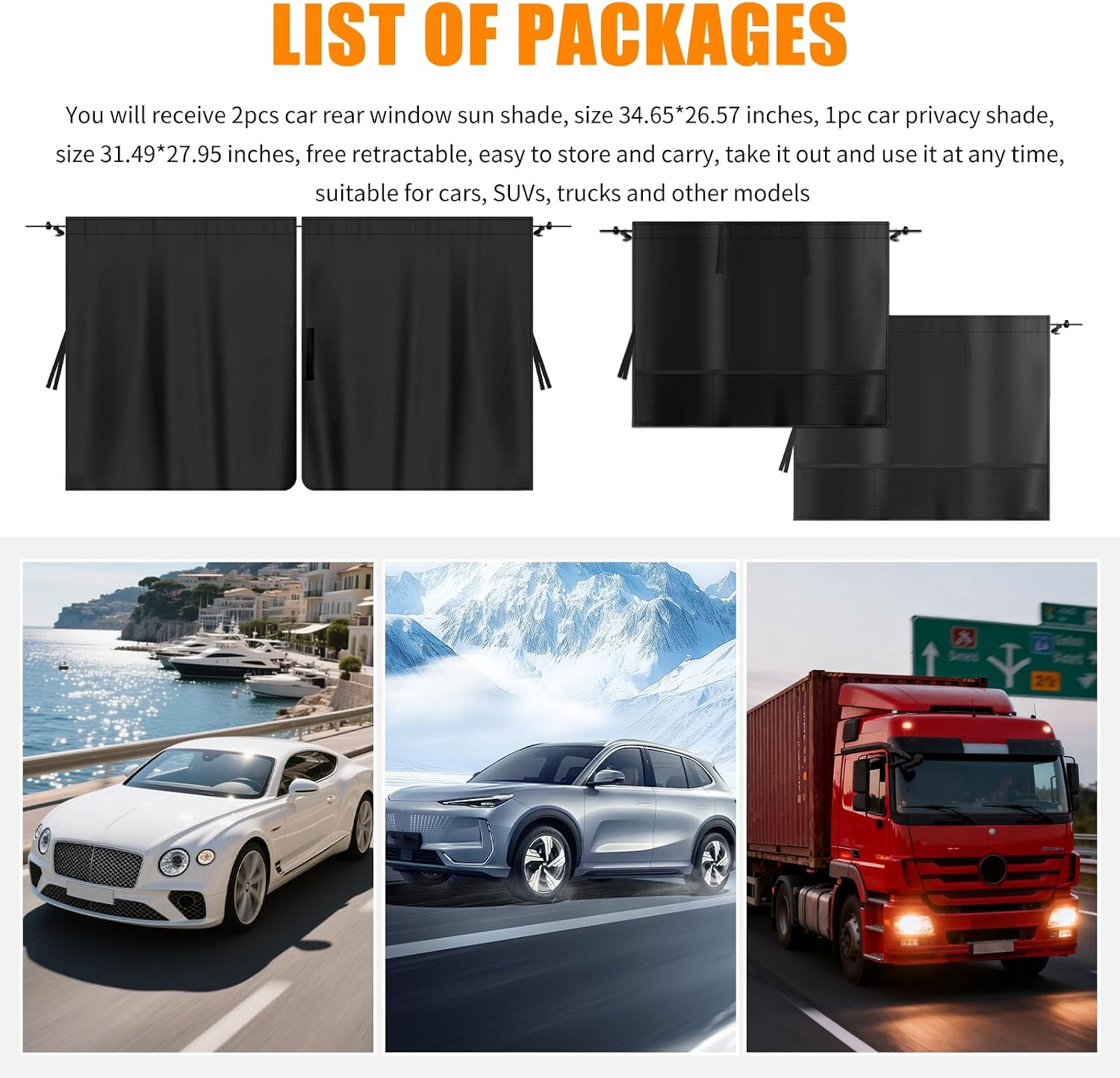 3PCS Upgraded Car Privacy Curtains Kit with Storage Pockets,Car Curtains for Windows with 2PCS Side Shade & 1PC Privacy Curtain,Universal Cars Window Shades for Sun Blocking