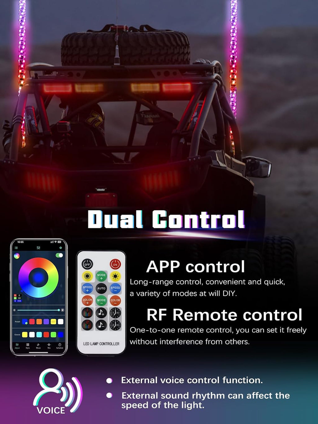 UNI-SHINE 2PCS 3FT LED Whip Lights with Spring Base Spiral RGB Chasing Lights with APP & Remote Control, Music Antenna Whip Light for Can-Am UTV ATV RZR Can-Am SXS Polaris Offroad Truck