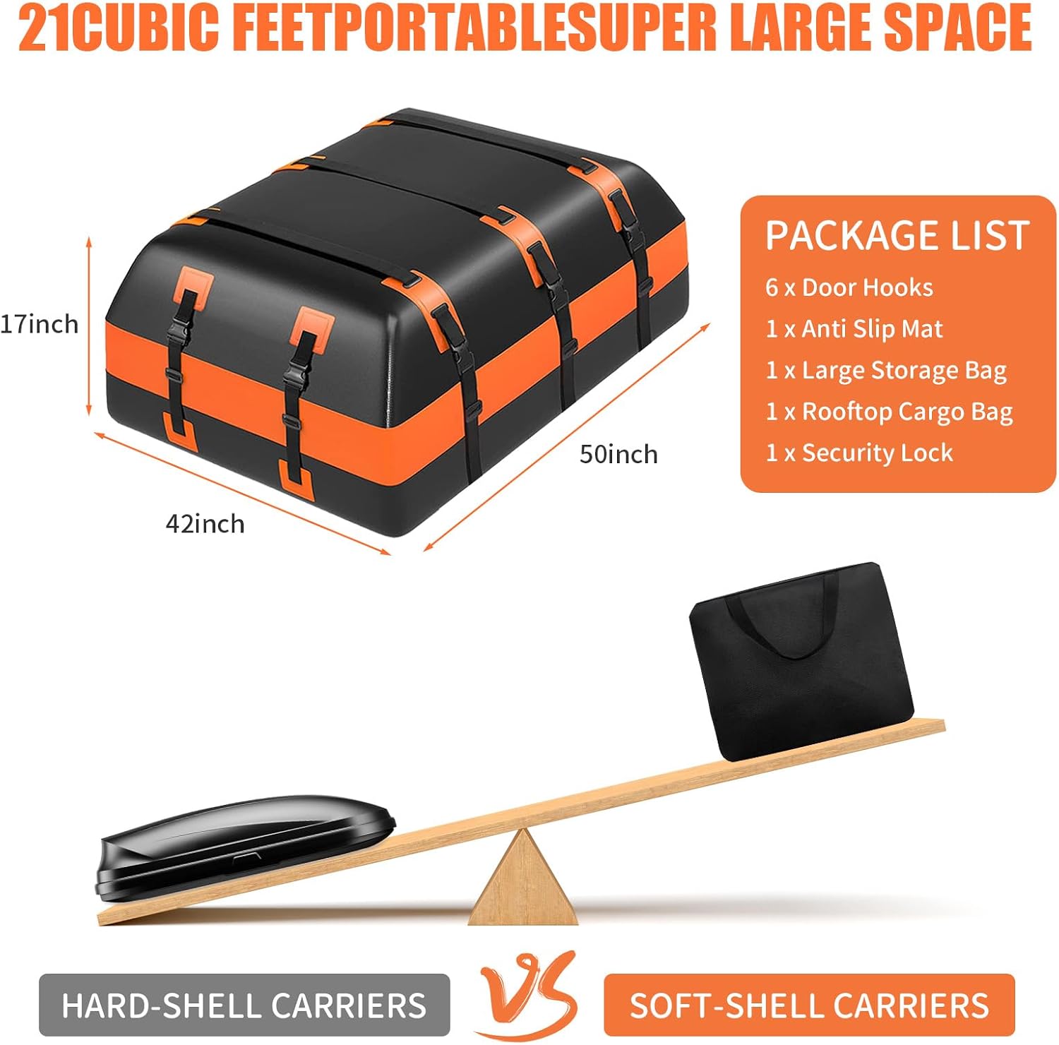 Waterproof Rooftop Cargo Bag, 21 Cu Ft Roof Carrier for SUVs and Road Trips | 21 Cu Ft Large Capacity, 840D Waterproof PVC, Heat-Welded Seams, Anti-Slip Mat, Lock, 6 Door Hooks for Secure Travel