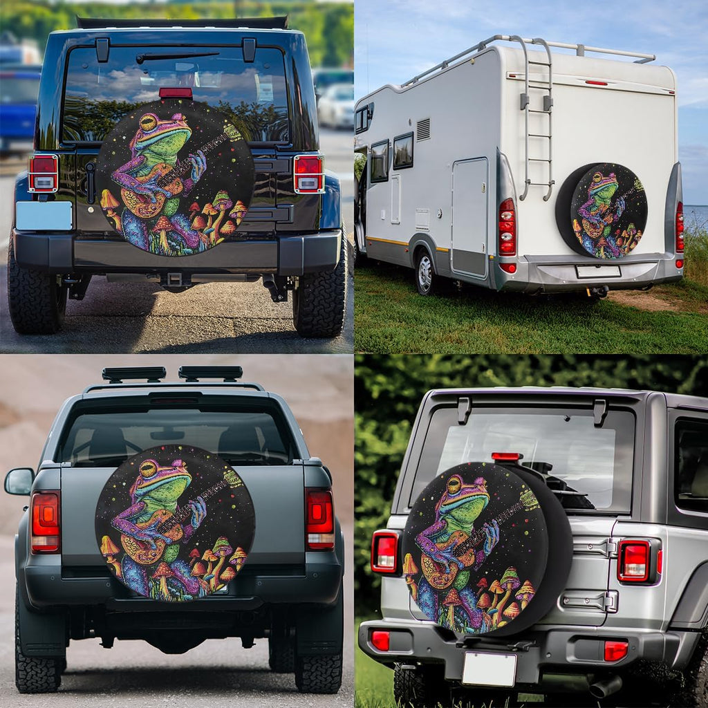 Frog Mushroom Guitar RV Camping Spare Tire Covers Weatherproof Dustproof Tire Covers, for Travel Trailer Camper Jeep RV SUV Truck,Wheel Protectors Cover Fit 14 Inch