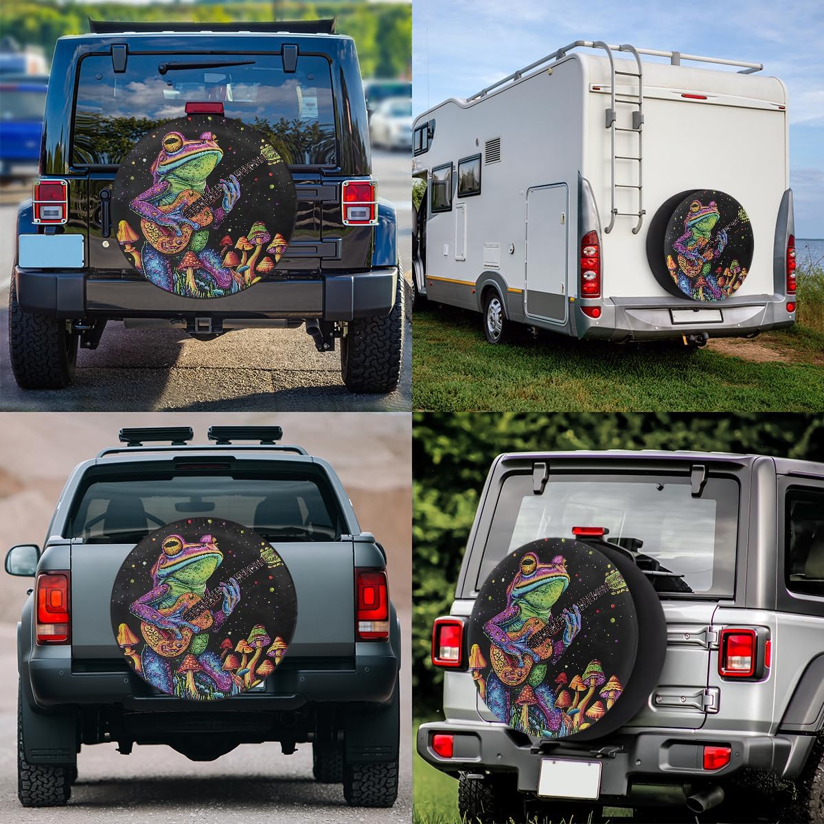 Frog Mushroom Guitar RV Camping Spare Tire Covers Weatherproof Dustproof Tire Covers, for Travel Trailer Camper Jeep RV SUV Truck,Wheel Protectors Cover Fit 14 Inch