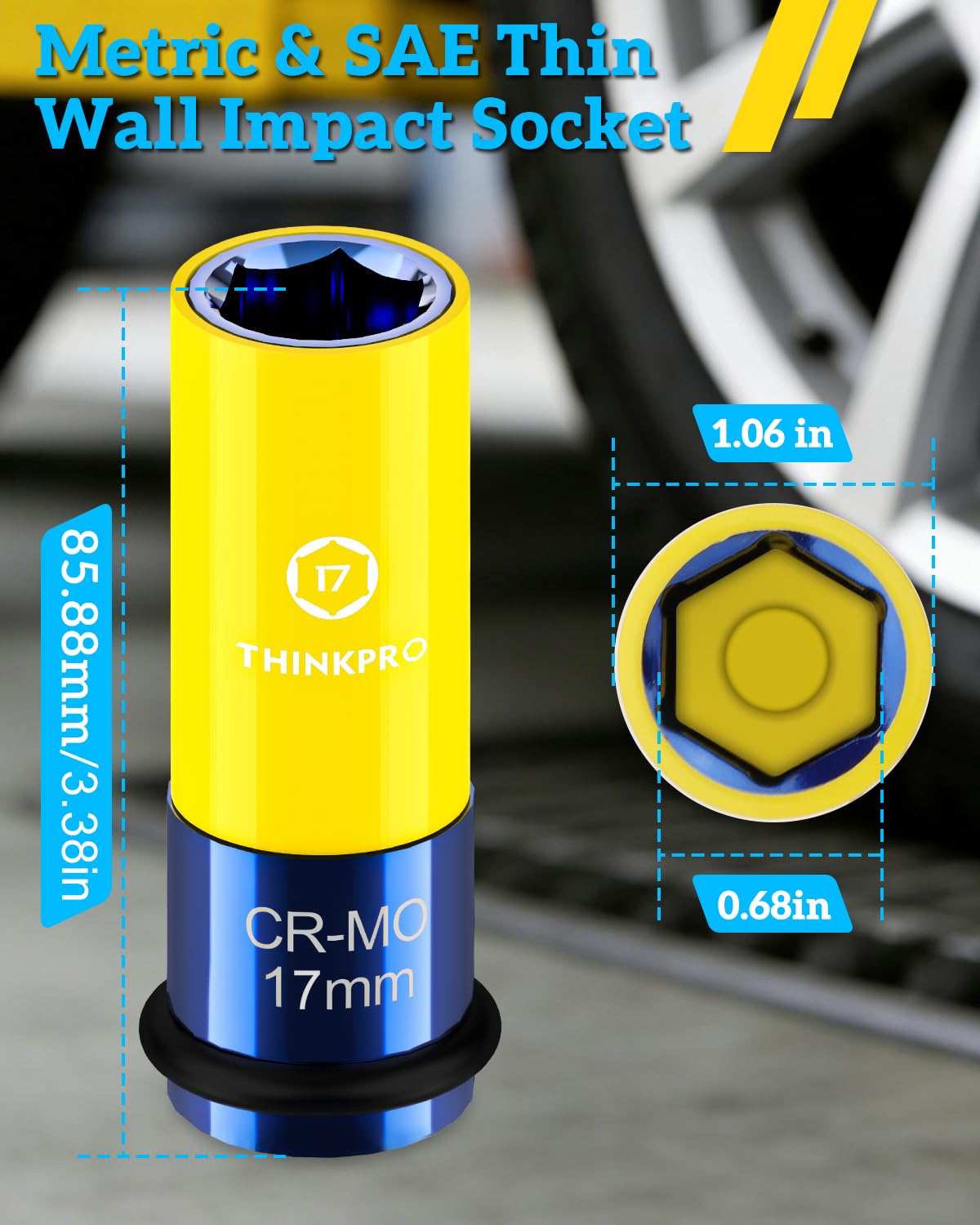 17mm Lug Nut Impact Socket,1/2" Drive Wheel Sockets | Non Marring, Thin Wall, Deep Socket, CR-MO