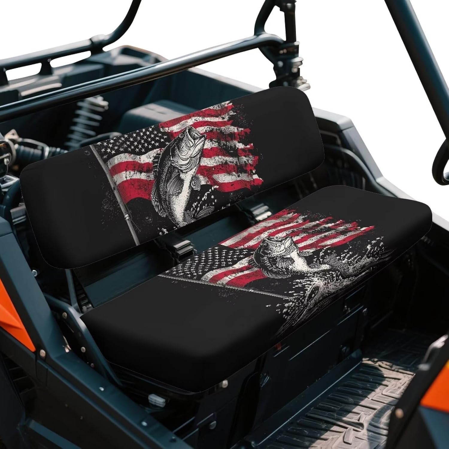 American Flag Bass Fish Print All-Weather 2Pcs UTV Seat Covers-Easy Install, Anti-Slip Backing-Compatible with Kawasaki Mule 4010 4000 3000 3010 2001-2023 2025 Patriotic