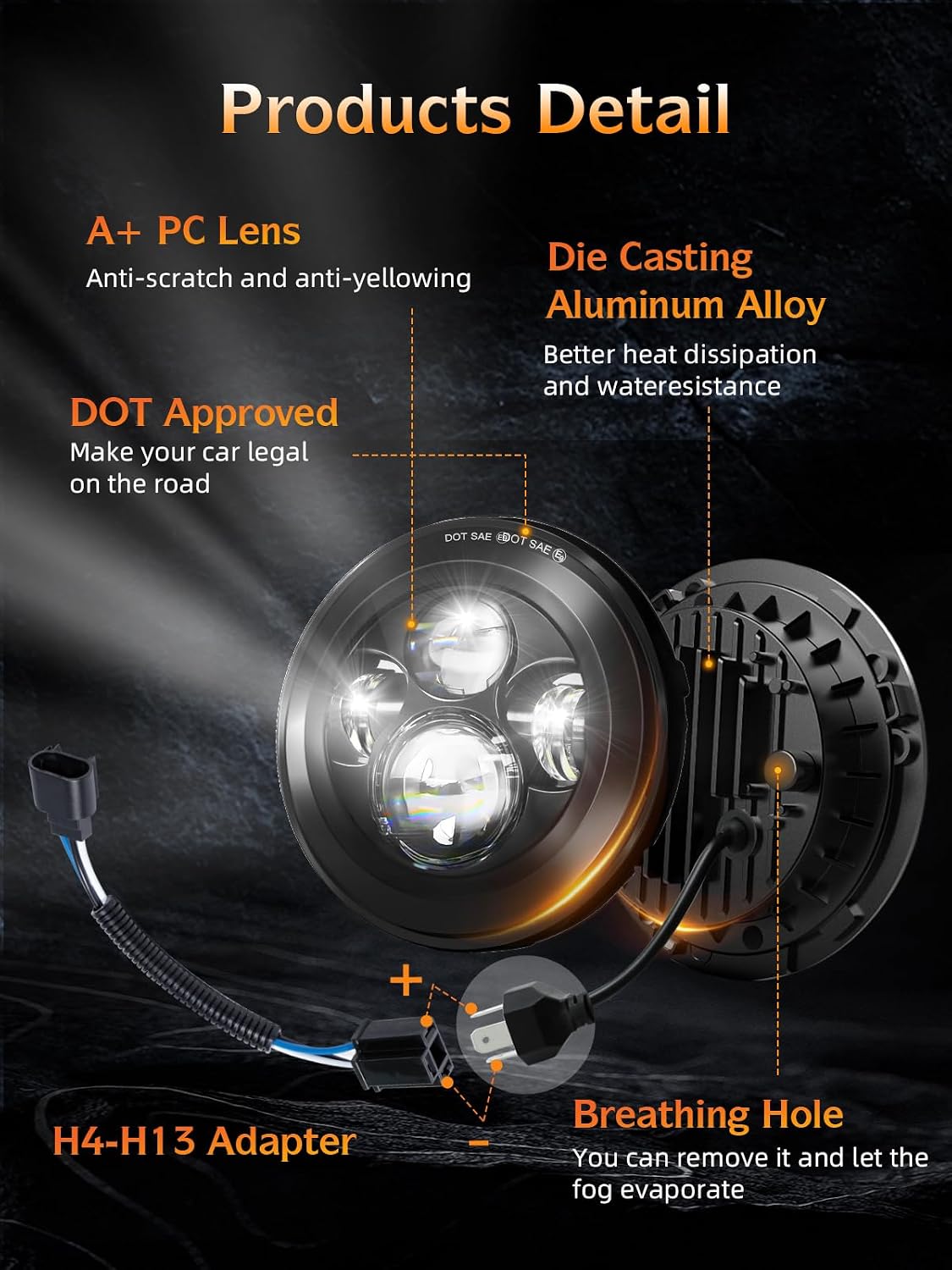 UNI-SHINE 2pcs Projector 7 Inch LED Headlights Hi/Lo Beam 7’’ Round Headlight H6024 LED Headlight Compatible with Jeep Wrangler JK CJ TJ fit for Miata, Chevy S2