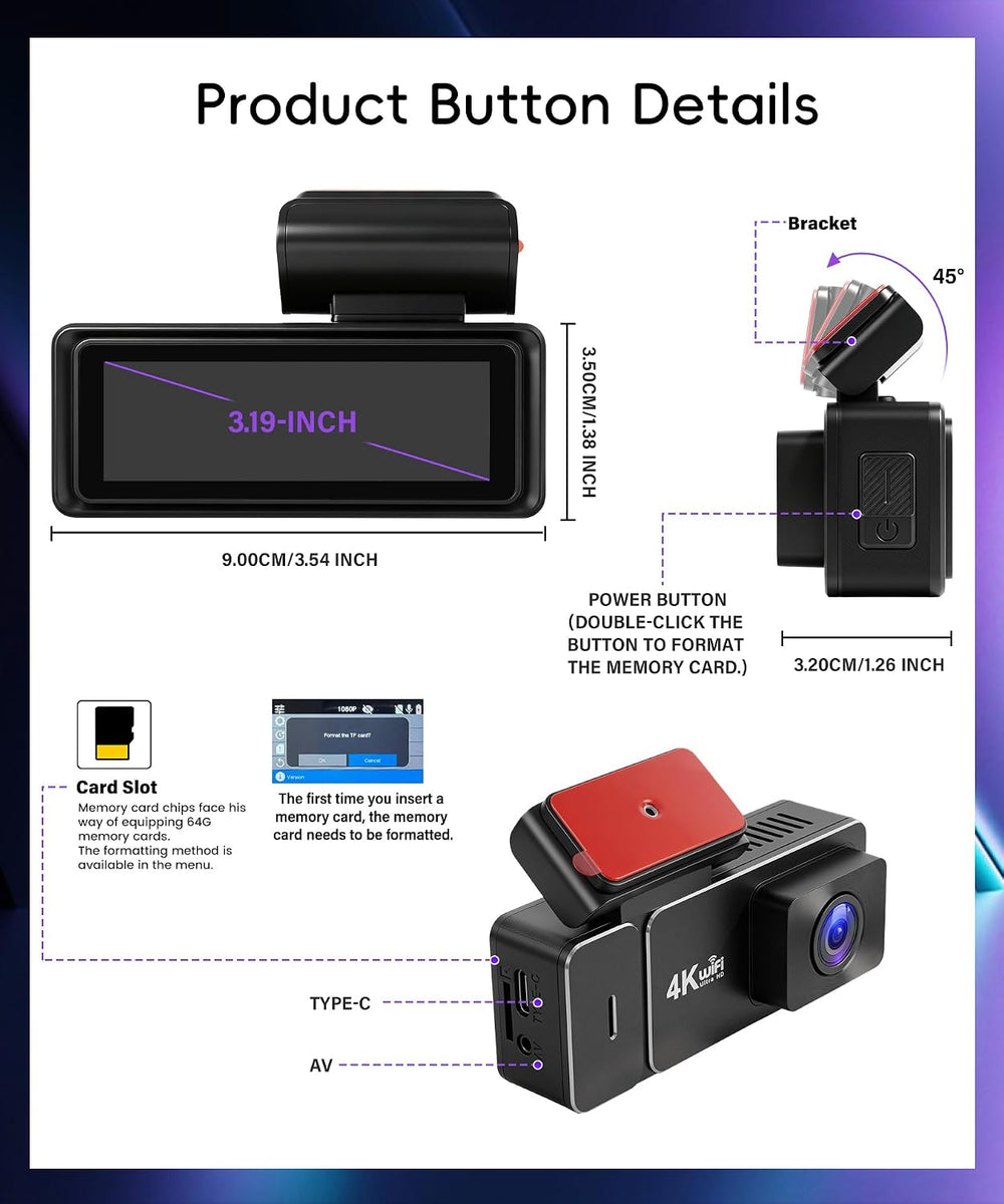 4K Dash Cam Dual Channel Front and Rear, Night Vision, 5GHz WiFi, 64GB Card