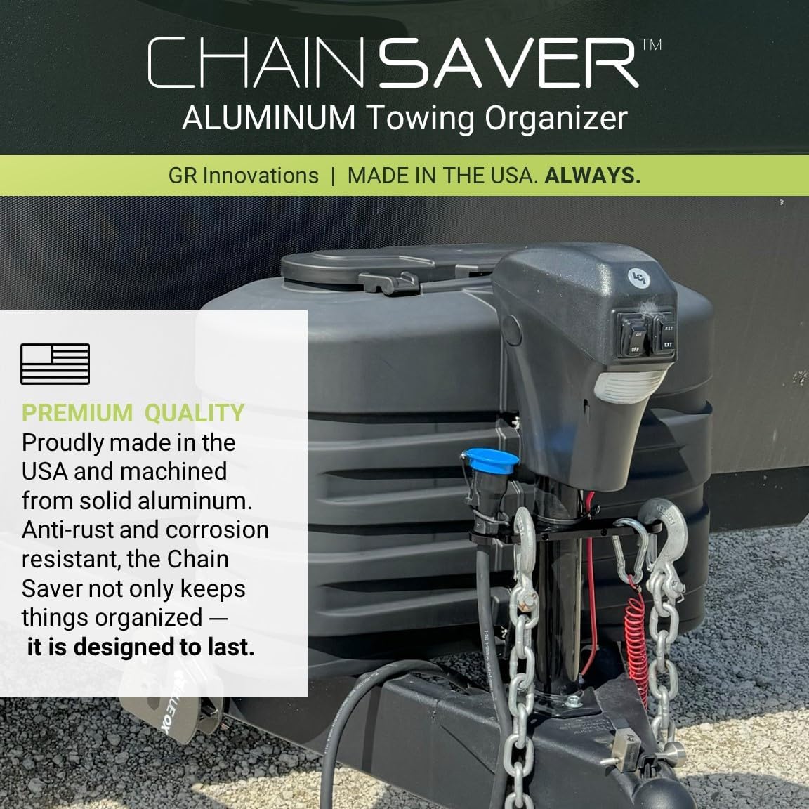 GR Innovations Chain Saver with PlugSaver and Tether | Black Anodized Aluminum Tongue Jack Trailer Towing Organizer Kit | Essential RV Accessory | Easy Chain & Harness Storage | Made in USA