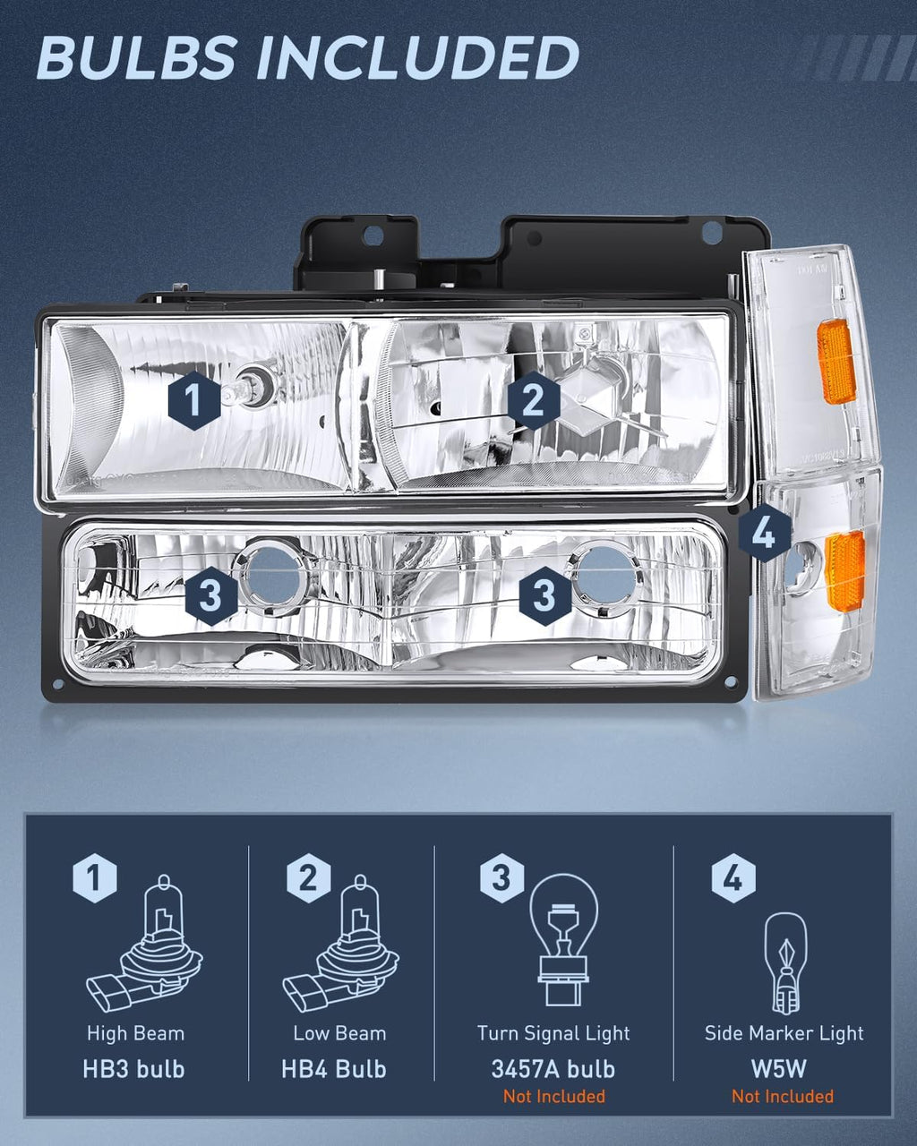 Nilight Headlight Assembly Compatible with 1988 1989 1990 1991 1992 1993 Chevrolet GMC C/K 1988-1993 Silverado Suburban Sierra Blazer Tahoe Yukon Chrome Housing Amber Reflector