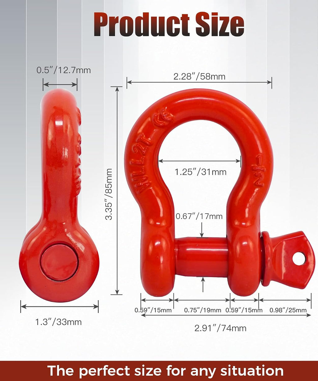 2 Pack Red D Ring Recovery Shackles 1/2" with 9/16" Screw Pin, 26,400 lbs Break Strength Heavy Duty Tow Shackles for Winch, Off Road Jeep, Truck, SUV, ATV, UTV