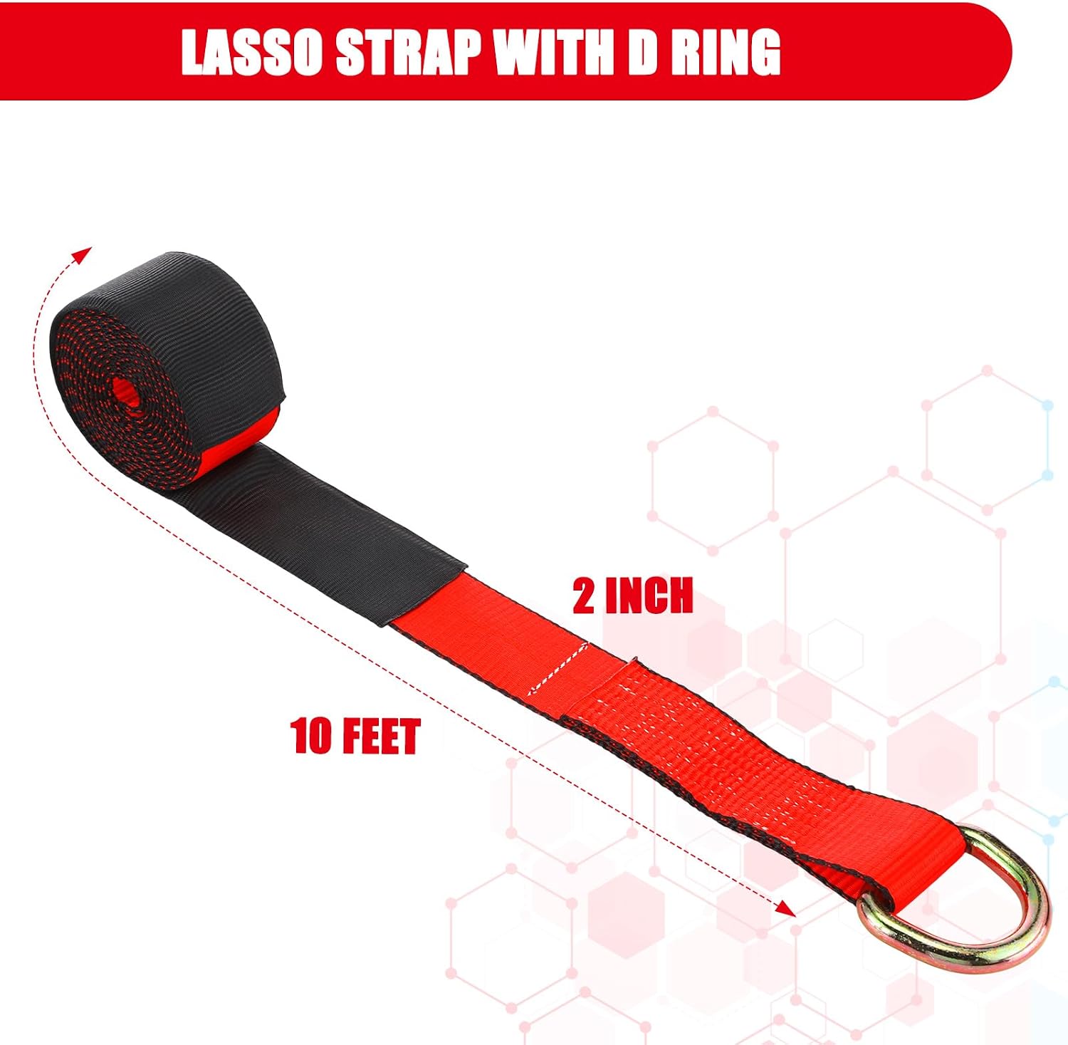 8 Pack Lasso Tow Truck Straps with D Ring 11, 000 Lbs Break Strength D Ring Auto Tie Down Wheel Lift Trailer Strap for Hauling Utv SUV Wrecker Rollback (2" X 10ft,Red)