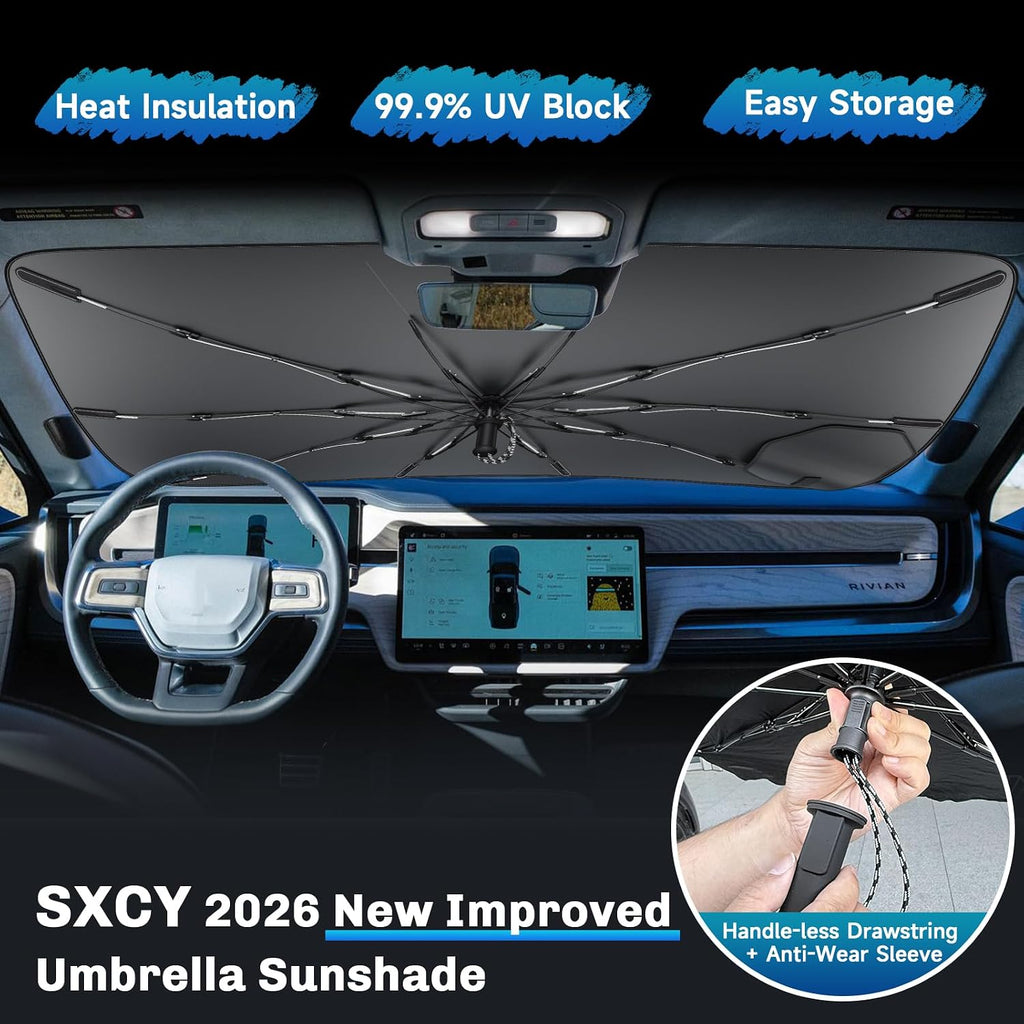 SXCY for 2022-2025 2026 Rivian R1T/R1S Windshield Umbrella Sunshade [Easier Foldable] for 2025 2026 Rivian R1T/R1S Accessories 2026 R1S Sunshade Umbrella 2025 2026 R1T/R1S Windshield Umbrella Shade
