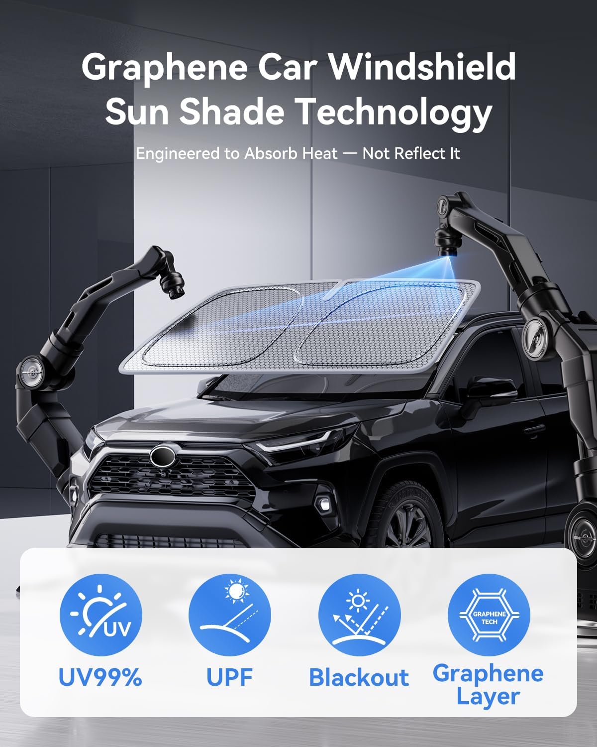 helloleiboo Graphene Windshield Sun Shade for SUVs and Most Mid-Size Sedans, 99% UV Blocking, Dual-Layer Honeycomb Heat Shield, Keeps Interior Cooler, Foldable