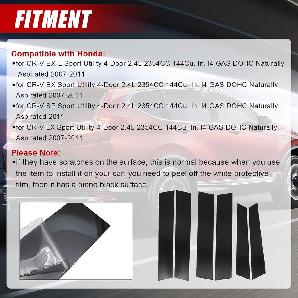 SecosAutoparts 6Pcs Exterior Window Pillar Posts Cover Trim Black, Compatible with Honda CRV 2007-2011, Door Side Window Pillar Molding