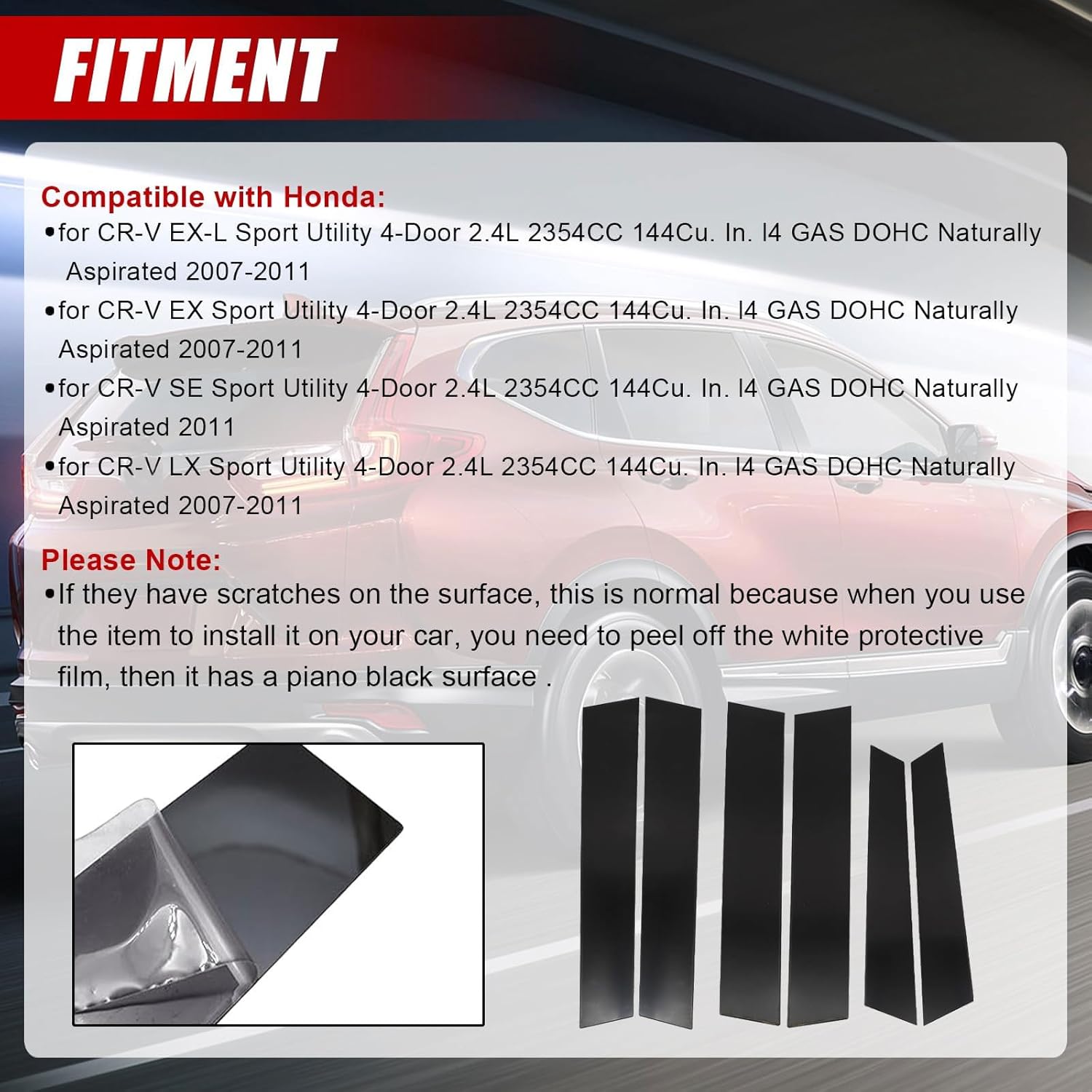SecosAutoparts 6Pcs Exterior Window Pillar Posts Cover Trim Black, Compatible with Honda CRV 2007-2011, Door Side Window Pillar Molding