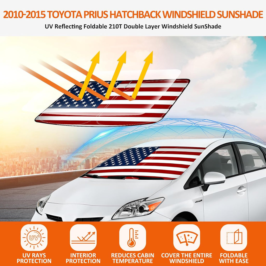Bestview American Flag Windshield Sunshade for 2010-2015 Toyota Prius Hatchback,Custom Fit Foldable Front Window Sunshade Sun Visor Accessories Protector Block UV Rays Heat, Keep Your Car Cooler
