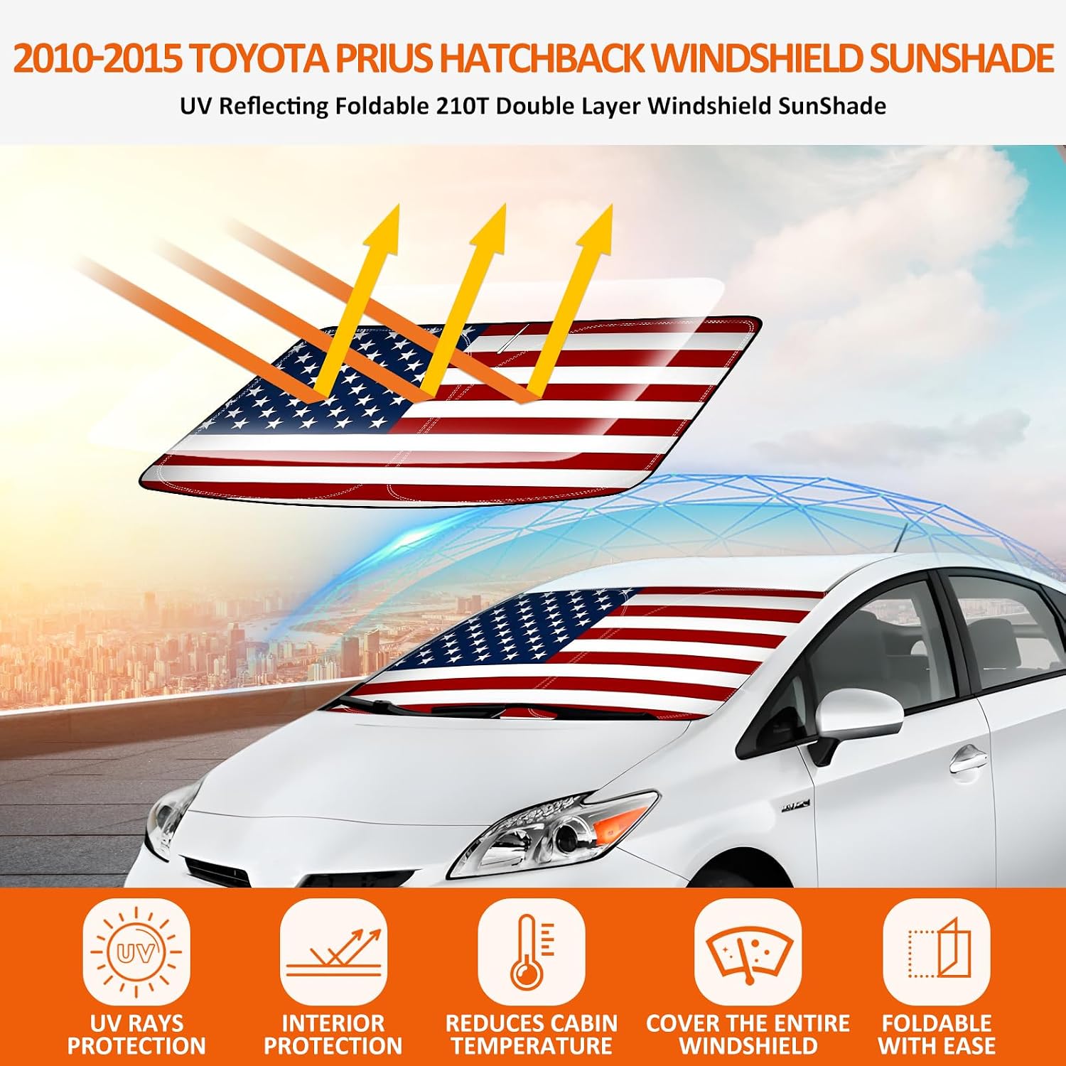 Bestview American Flag Windshield Sunshade for 2010-2015 Toyota Prius Hatchback,Custom Fit Foldable Front Window Sunshade Sun Visor Accessories Protector Block UV Rays Heat, Keep Your Car Cooler