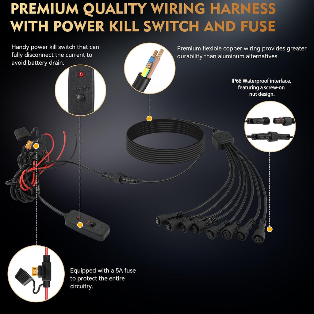 12 Pods Full Angle Pure White LED Rock Lights with Switch Harness Extension Wires, 6500K Super Bright Waterproof White Underglow Kit for ATV UTV SUV Trucks Jeeps Golf Cart Offroad Pickup