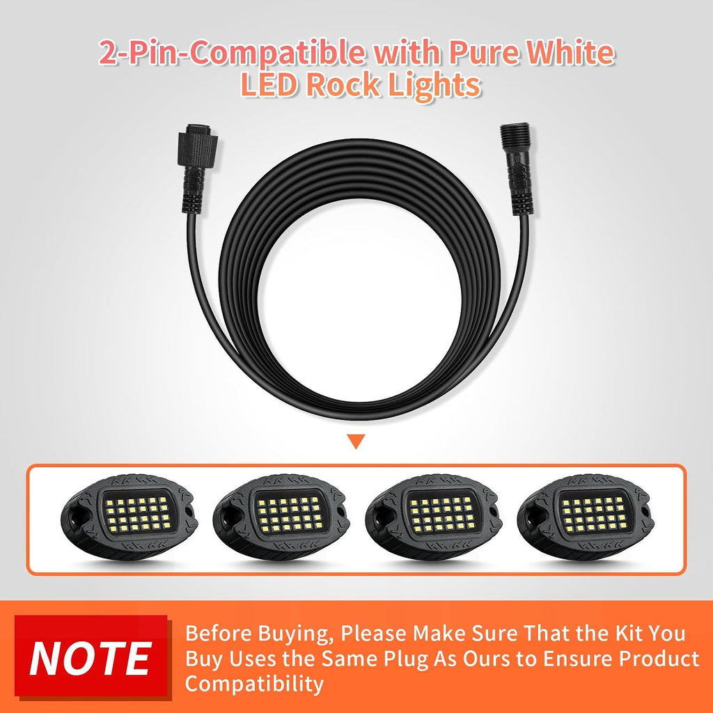 4PCS 78 inch/6.56FT 2-Pin Metal White LED Rock Lights Extension Cable Wire Cord Set, Underglow Lights IP68 Waterproof Neon Light for Trucks Jeep Golf Carts SXS UTV ATV Car RV