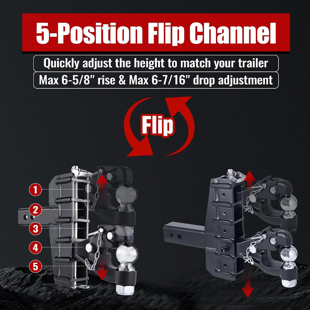 2-5/16"Ball Pintle Attachment Bundle with Adjustable Channel Mount Hitch, 6-7/16" Drop 6-5/8"Rise 20,000 LBS 2.5" Receiver