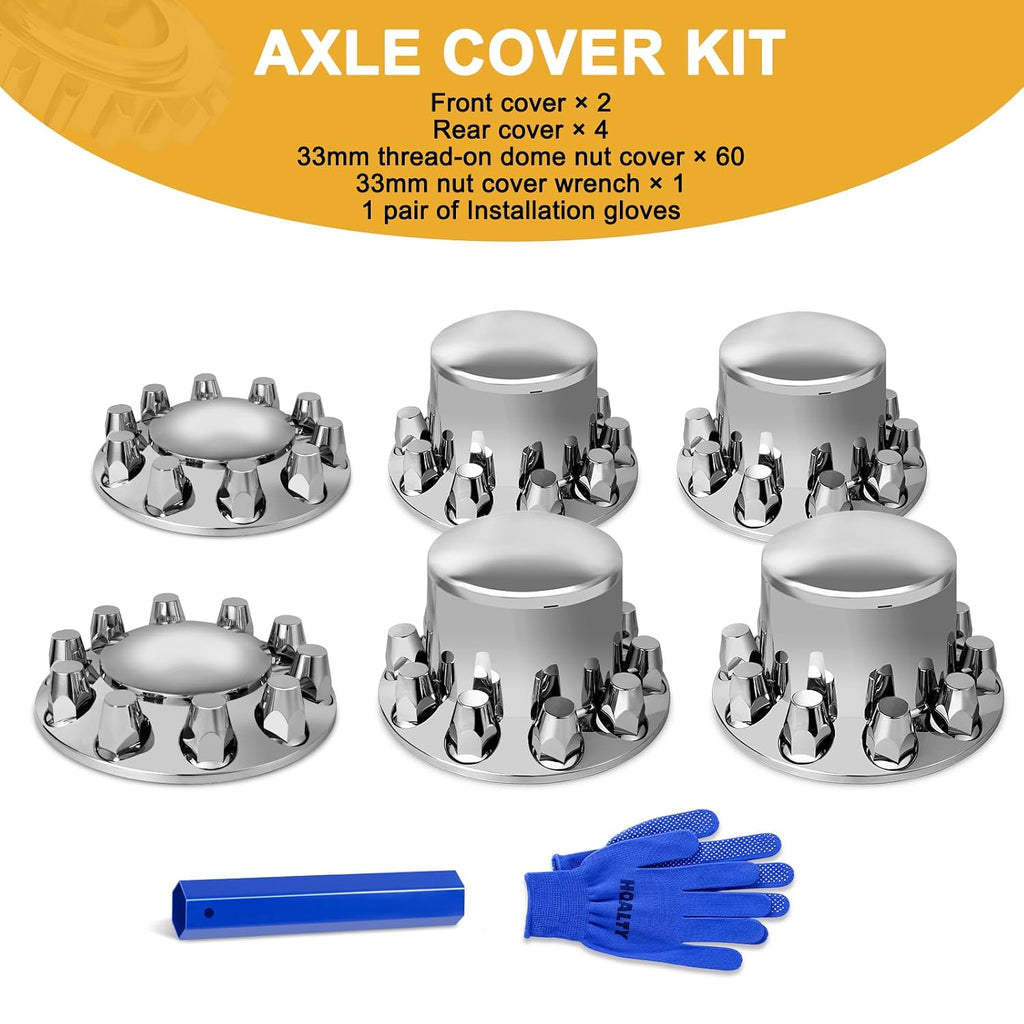 33mm Axle Cover Chrome Dome Combo Kit Thread-On Lug Nut Covers with 2 Front and 4 Rear Axle Wheel Covers Removable Hub Caps for Semi Truck (Installation Tool Included)