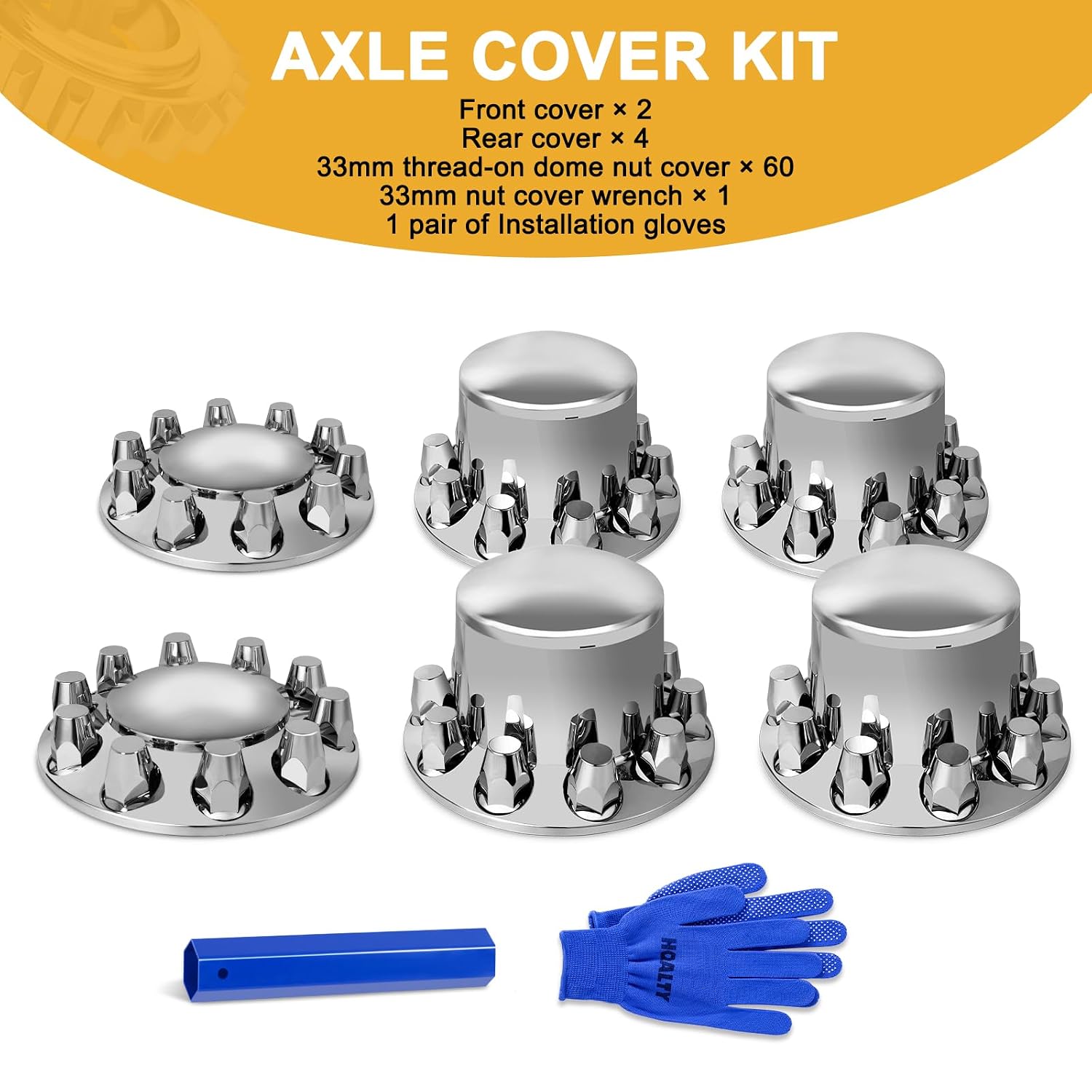 33mm Axle Cover Chrome Dome Combo Kit Thread-On Lug Nut Covers with 2 Front and 4 Rear Axle Wheel Covers Removable Hub Caps for Semi Truck (Installation Tool Included)