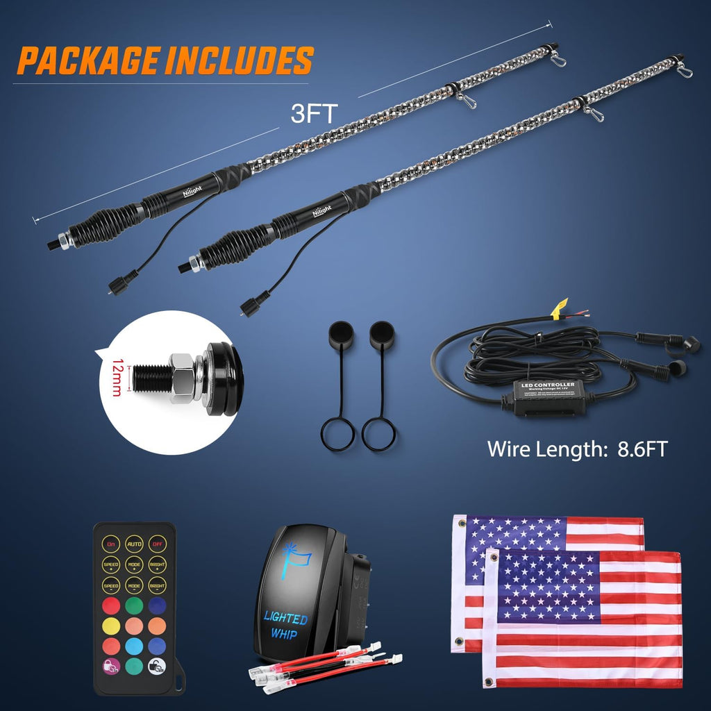 Nilight 2PCS 3FT Spiral RGB Led Whip Light with Spring Base Chasing Light RF Remote Control Lighted Antenna Whips for Can-Am ATV UTV RZR Polaris Dune Buggy Offroad Truck