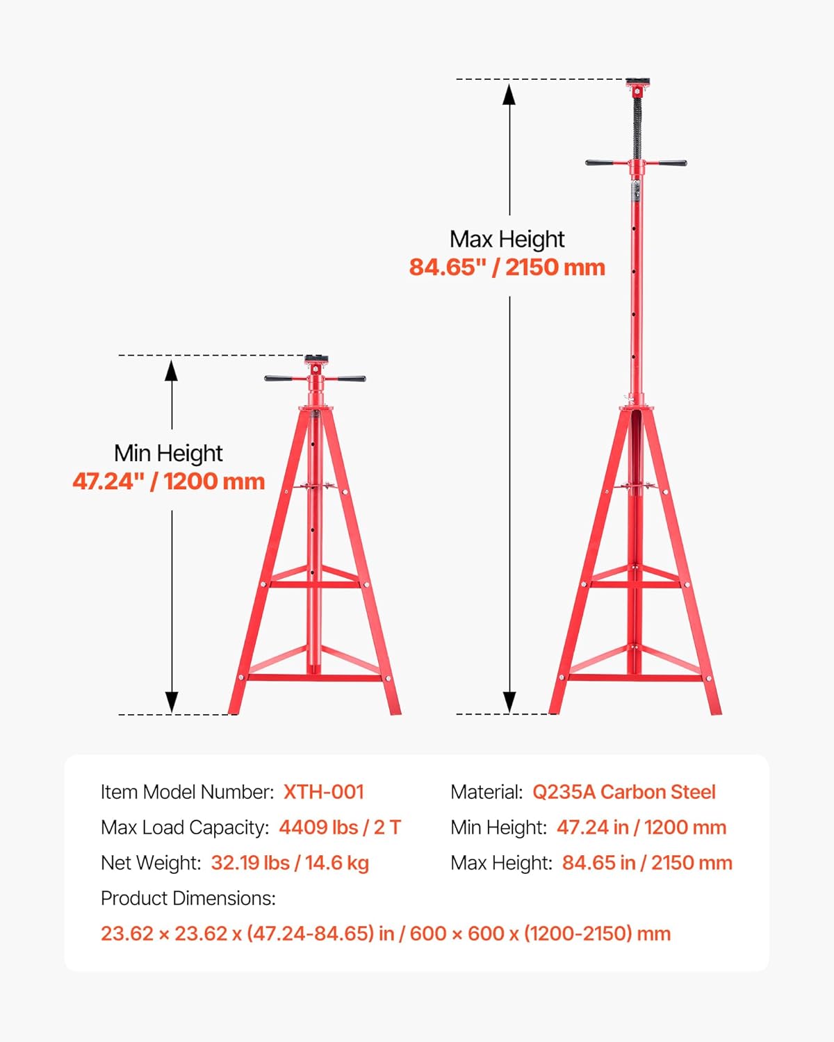 VEVOR Under Hoist Tripod Stand, 2 Ton (4409 lbs) Capacity High Lift Jack Stand Reach Underhoist Support, Lifting from 47.24" to 84.65", 4-Level Adjustable Height, Heavy Duty Carbon Steel for Car Lift