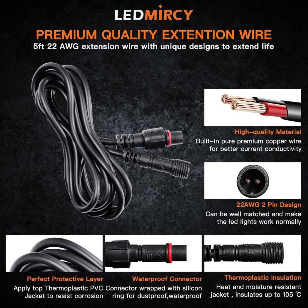 LEDMIRCY LED Rock Lights Extension Cable 2 Pins Wire Connectors 6PCS 5ft 22AWG Female Male Waterproof Extension Cable 11mm Nut Small Size for LED Strip Light Driving Fog Lights(Only for Single Color)