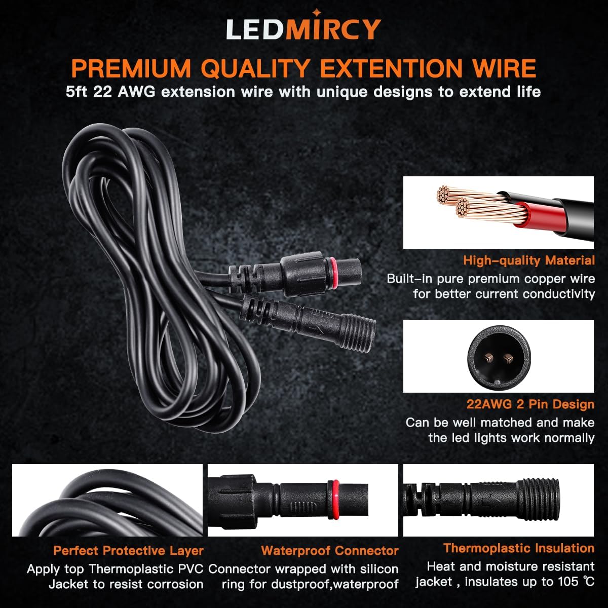 LEDMIRCY LED Rock Lights Extension Cable 2 Pins Wire Connectors 6PCS 5ft 22AWG Female Male Waterproof Extension Cable 11mm Nut Small Size for LED Strip Light Driving Fog Lights(Only for Single Color)