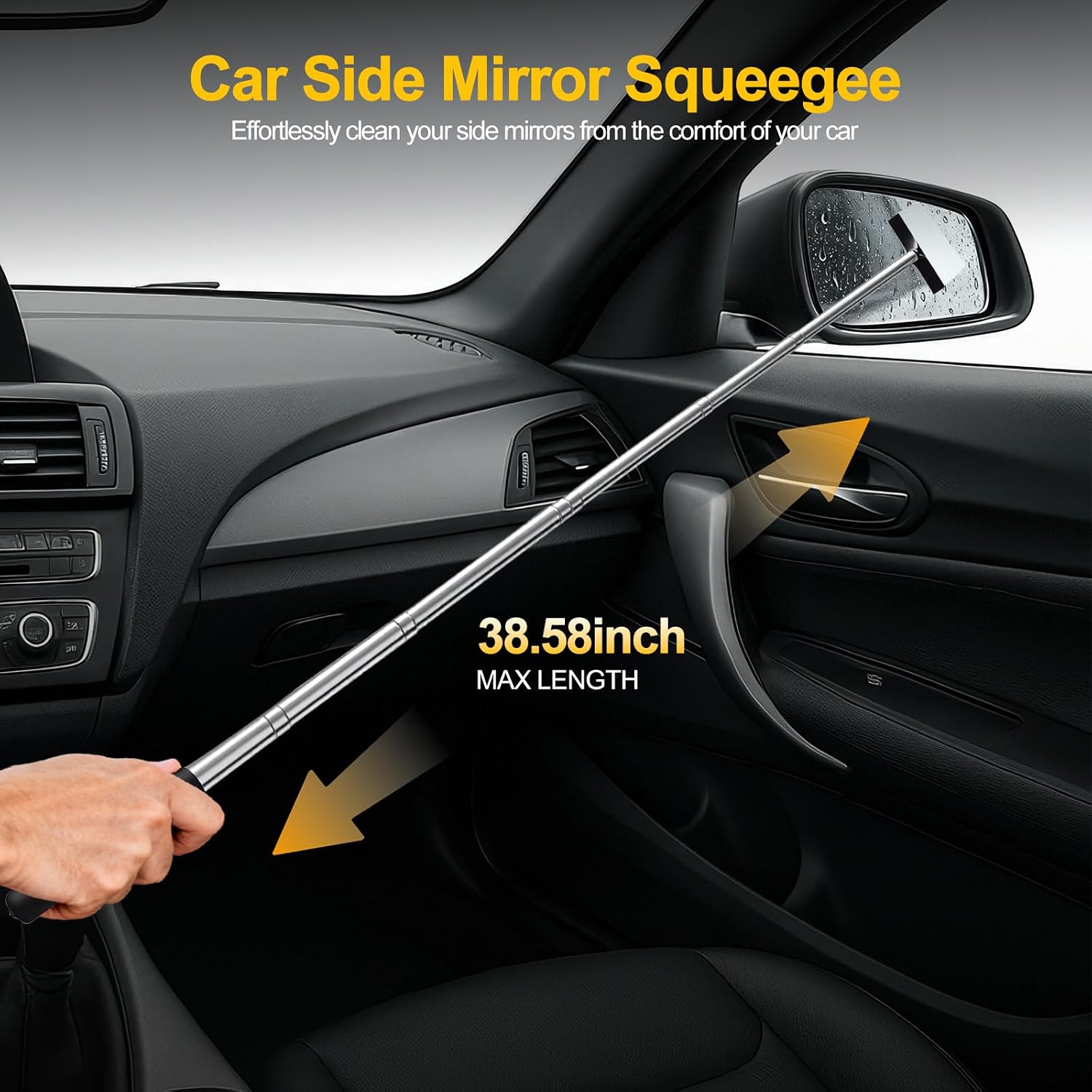 Side Mirror Squeegee, Car Mirror Squeegee, Retractable Car Rearview Mirror Wiper for All Vehicles, Universal Automotive Accessories, 38.6 Inch Handle - Black