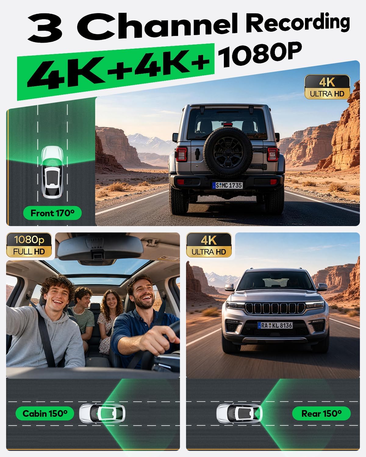 4k+4k+1080p 3 channel dash cam, free 128gb card shown in use