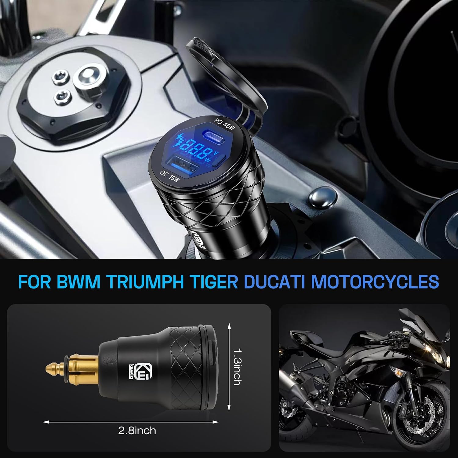 Din Hella Plug to USB Charger Adapter: 45W USB C PD3.0 & 18W QC3.0 Motorcycle Charger Outlet for 12V-24V BMW Triumph Tiger Ducati, Waterproof Dual Phone Fast Charge Port Powerlet with LED Voltmeter