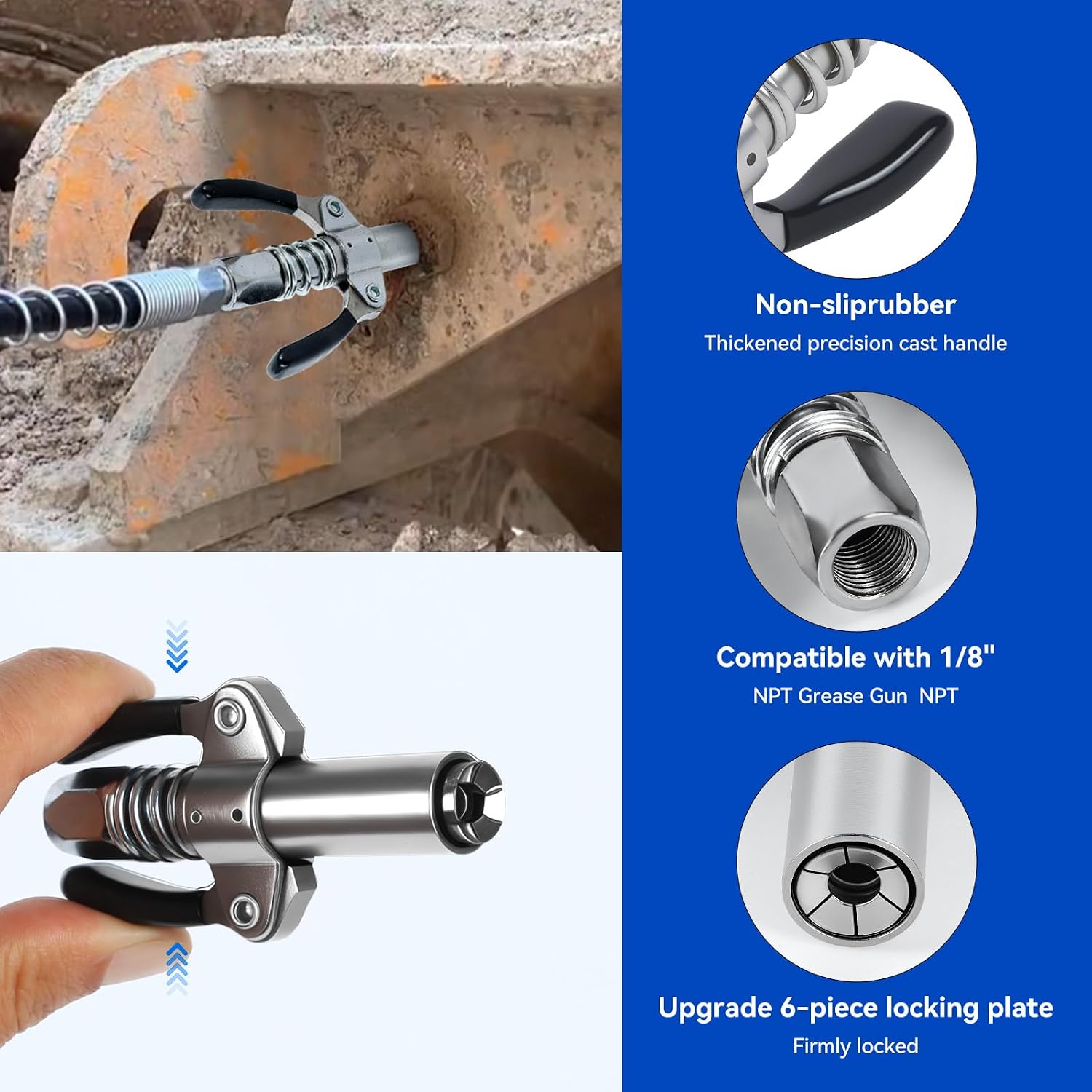 Grease Gun Tips，Grease Gun Fittings，Grease Gun Coupler，90 Degree Grease Gun Coupler，Grease Gun Hose，Zerk Fitting Cleaner，Grease Needle Nozzles，Grease Filling Nozzle and Grease Tip
