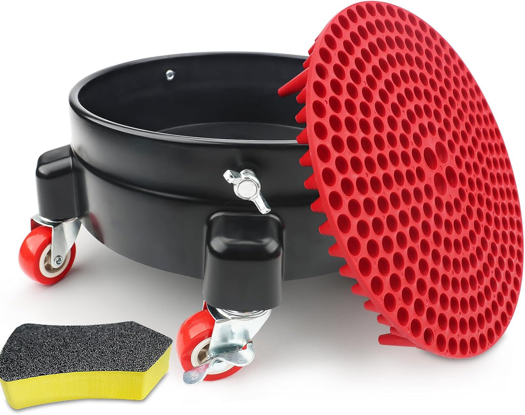 Bucket Dolly 5 Gallon with Wheels,360°Rolling Car Wash Bucket Roller | For 2.5–5 Gallon Buckets – Includes Bucket Insert, Cleaning Brush, Holds 300 lbs – for Washing & Waxing