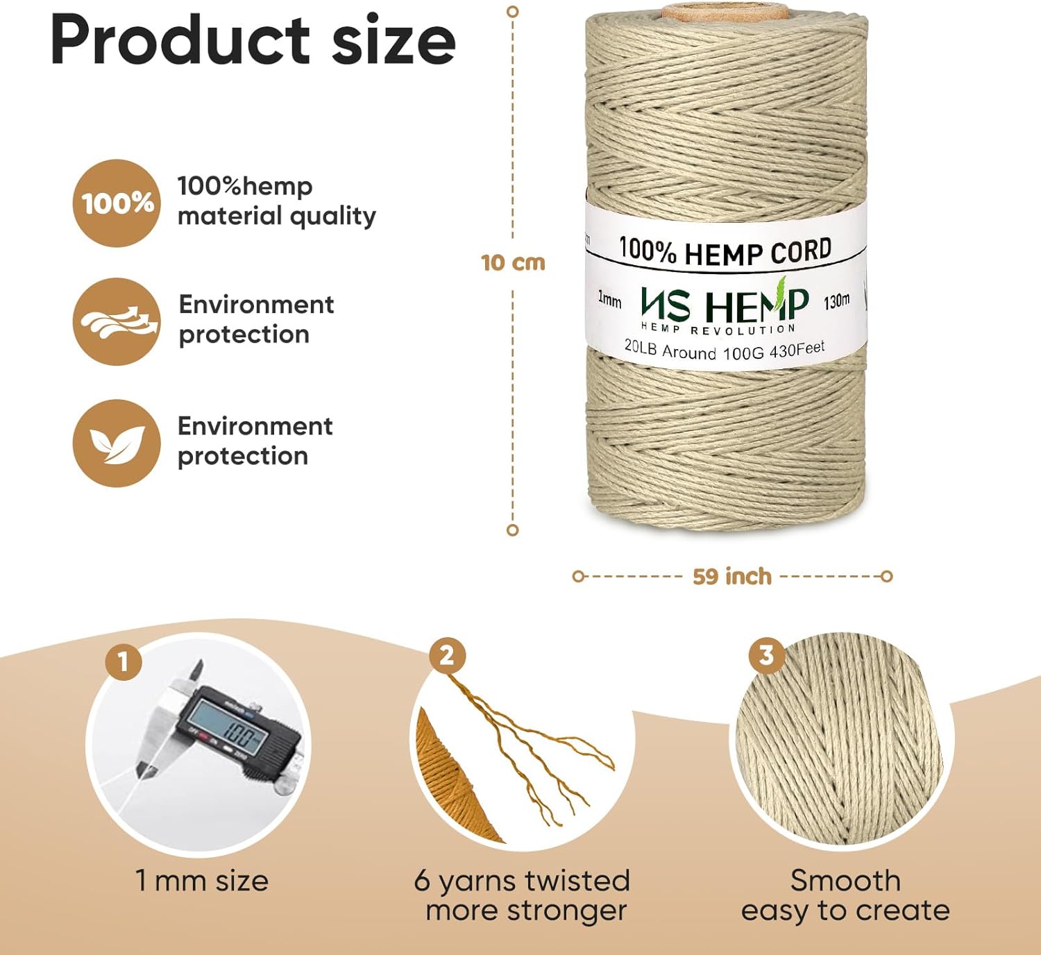 [NS HEMP] 100% Hemp Cord Craft Twine, 1mm Macrame Cord 430 Feet, Hemp String Twine for Jewelry Making (Melanged Punky)