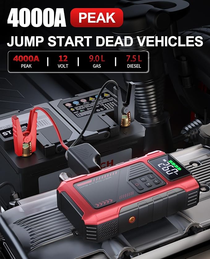 4000A Car Jump Starter with Air Compressor, Portable Charger Jumpstart 12V