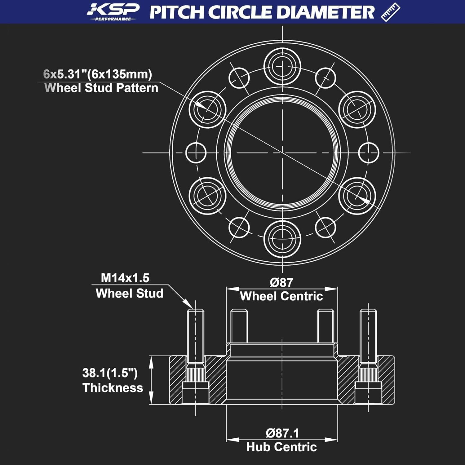 KSP 6x135 to 6x135 Wheel Spacers for F150, 1.5in 38mm Hubcentric 6 Lug Wheel Adapters for 2015-2026 F150 Expedition,Navigator with M14x1.5 Studs and 87.1mm Hub Bore, 4pcs Black