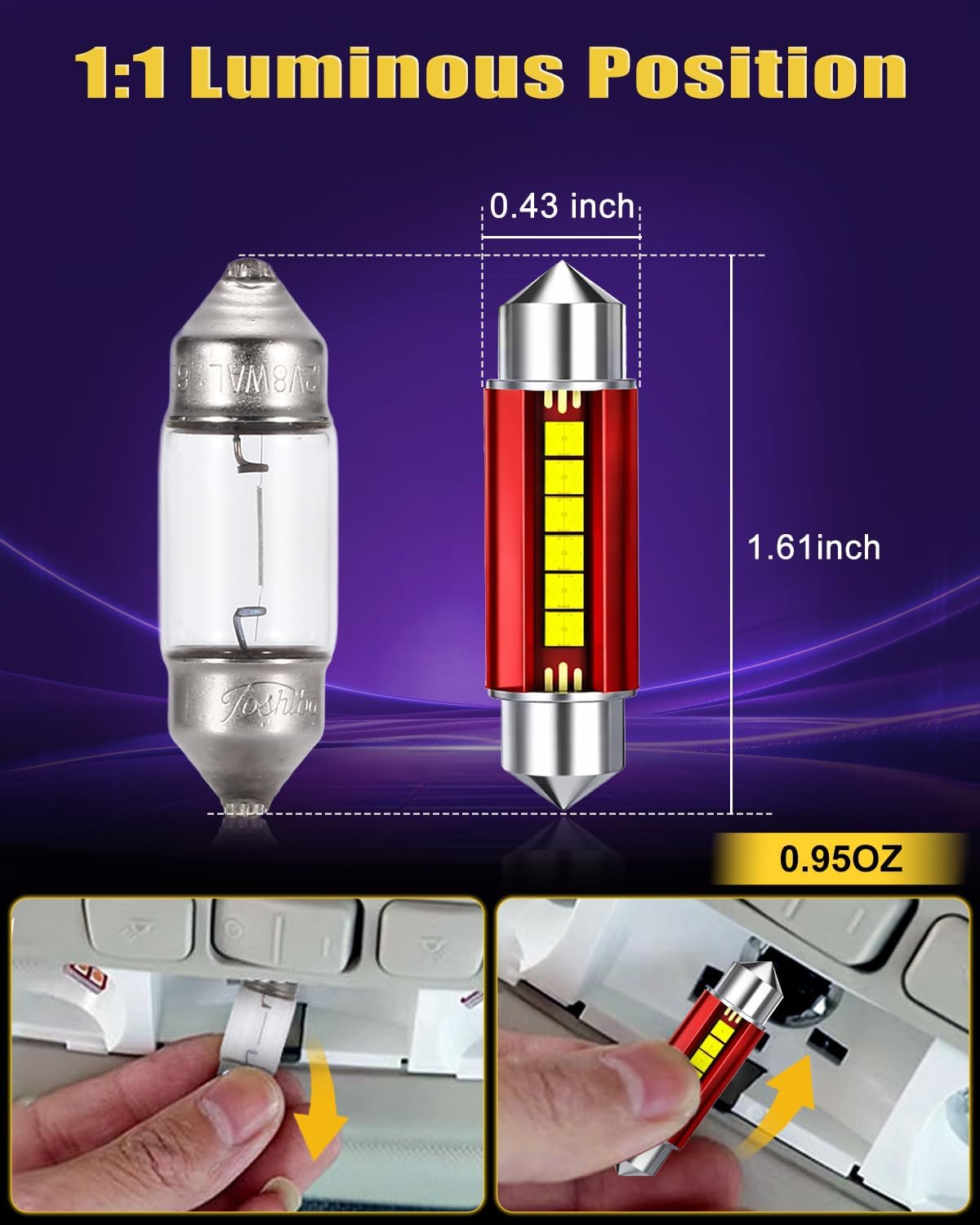578 LED Bulb Super Bright 6500K White 212-2 569 6411 6418 6451 211-2 LED Bulb Interior Car Light 2525 Ceramic Chipset for Map Door License Plate Dome Light Bulb 41mm 42mm(Pack of 4)