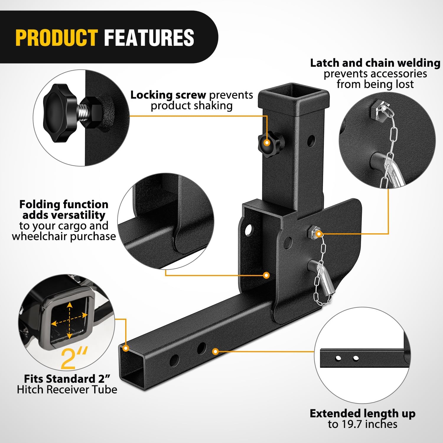 Nilight Trailer Hitch Folding Extender Mount Shank 16.54" Compatible with Wheelchair Cargo Carrier Adapter for 2 Inch Receiver Trailer Hitch 500lbs Black Powder Coated
